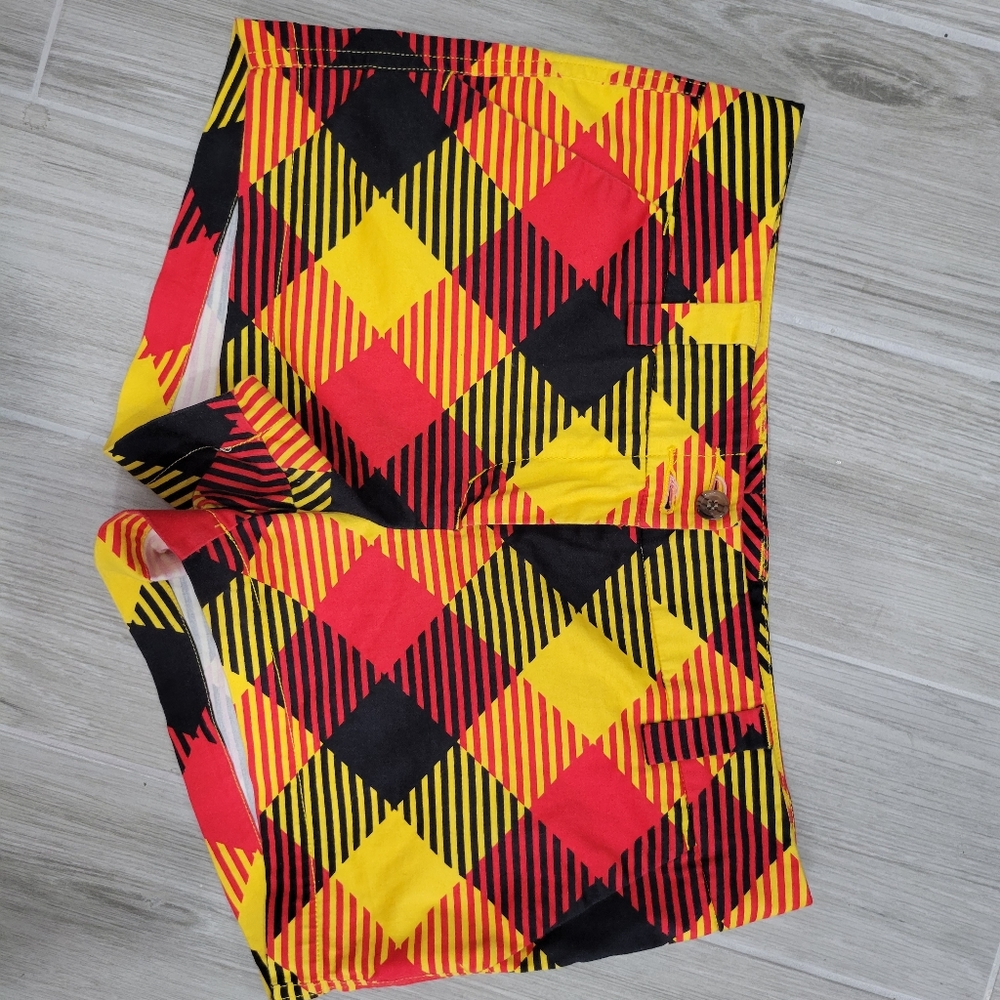 Ladies Loudmouth mini shorts. Size 4,Red, yellow, and black. Inseam 2.5 inches.
